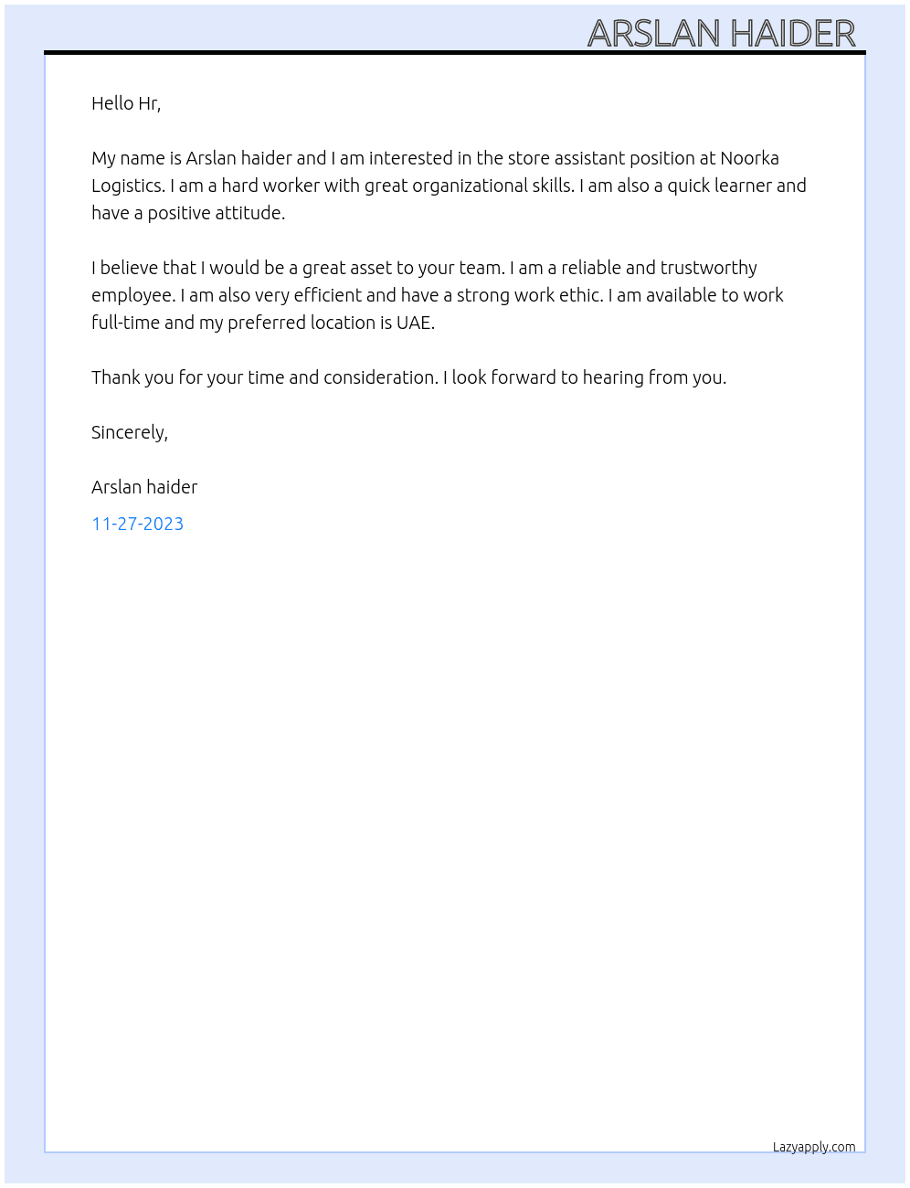 Store assistant At Noorka Logistics Cover Letter