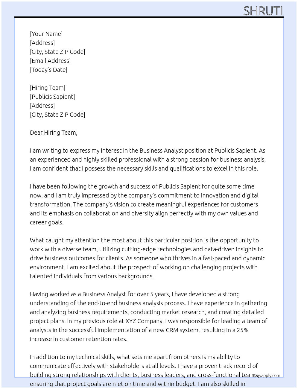 Business Analyst At Publicis Sapient Cover Letter