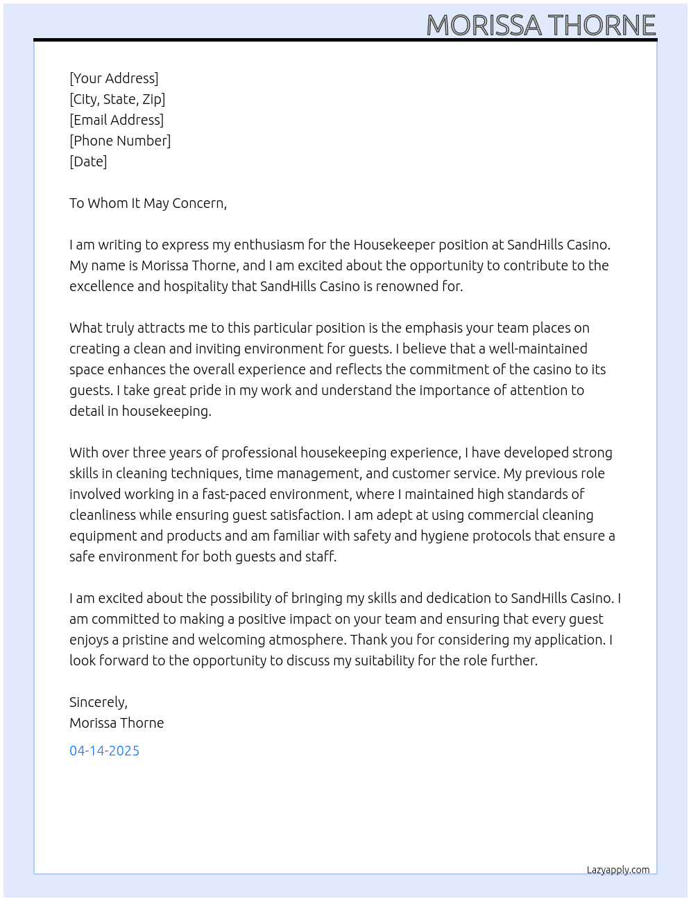 Housekeeper At SandHills Casino Cover Letter