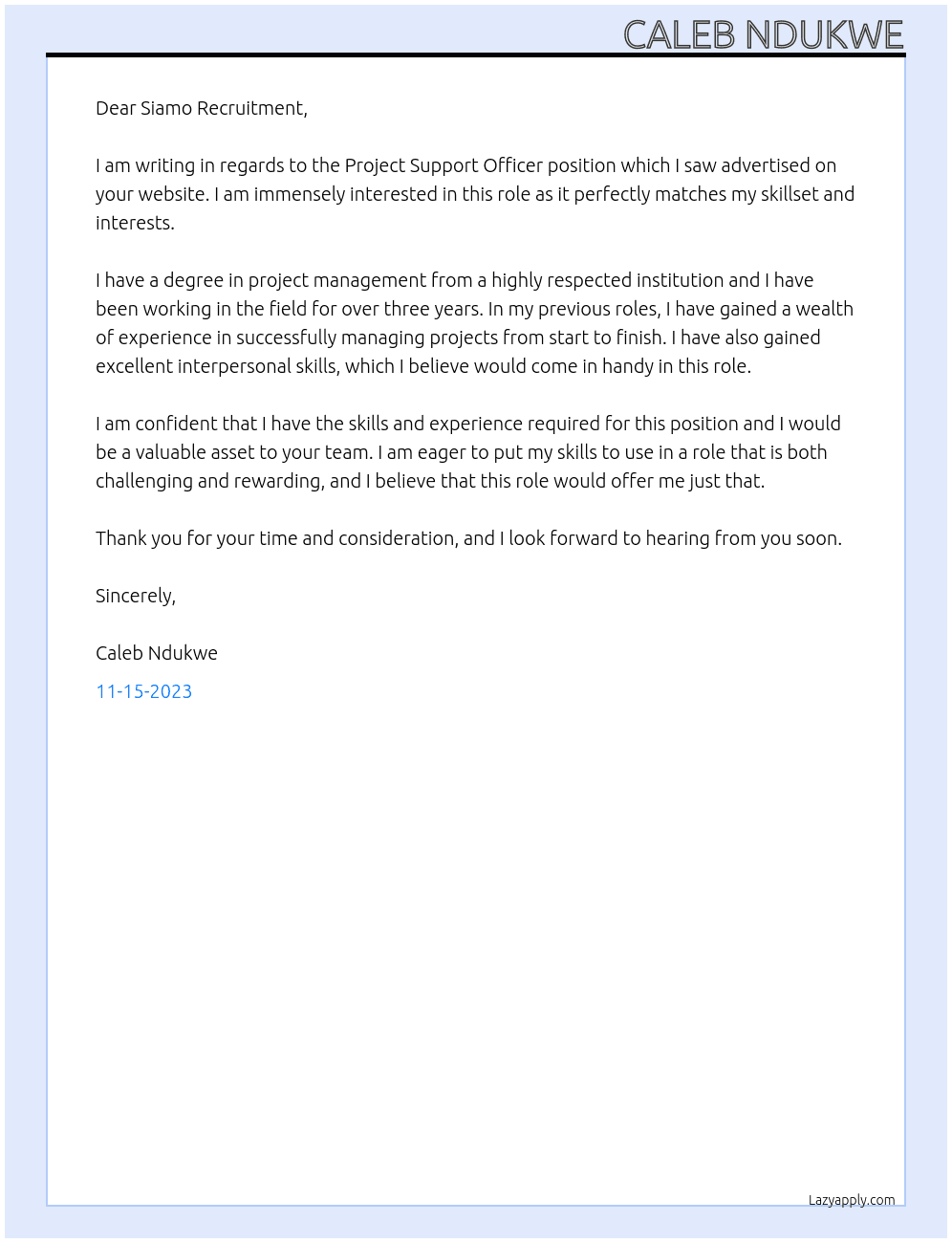 Project Support Officer At Active Wellbeing Society Cover Letter