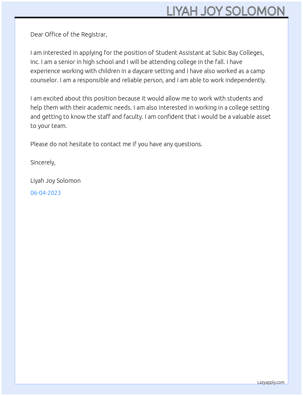 Student Assistant At Subic Bay Colleges, Inc Office of the Registrar Cover Letter