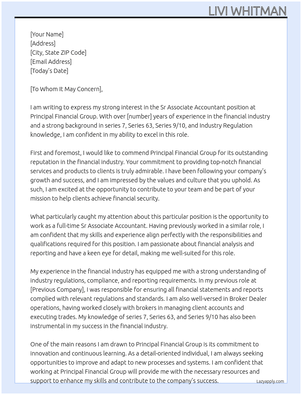 Sr Associate Accountant At Principal Financial Group Cover Letter