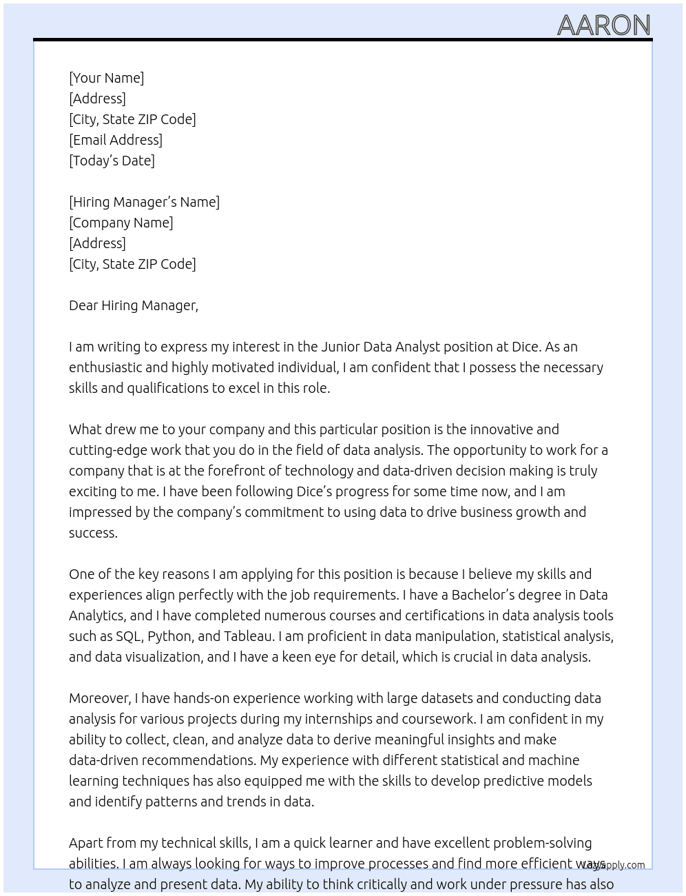 Junior Data Analyst At Dice Cover Letter