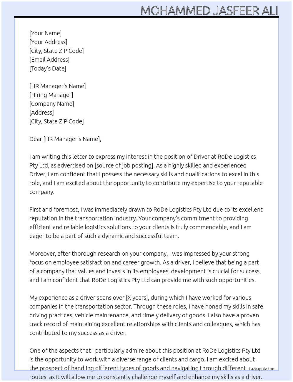 Driver At RoDe Logistics Pty Ltd Cover Letter