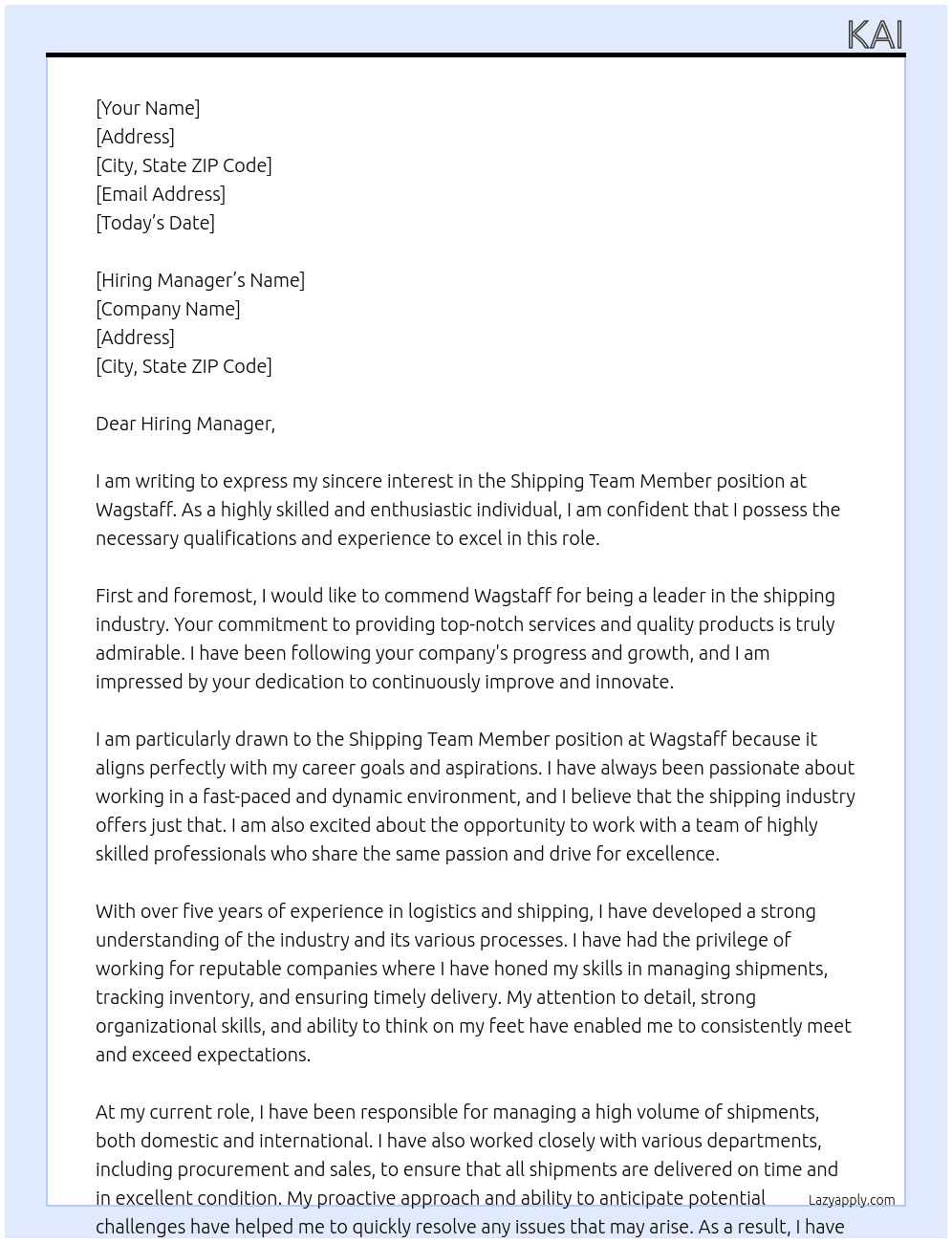 Shipping Team Member  At Wagstaff Cover Letter
