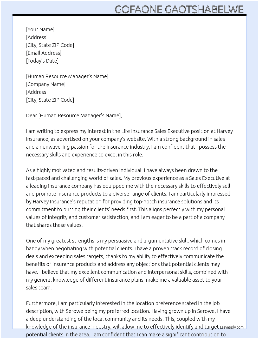 Life Insurance Sales Executive  At Harvey Insurance  Cover Letter