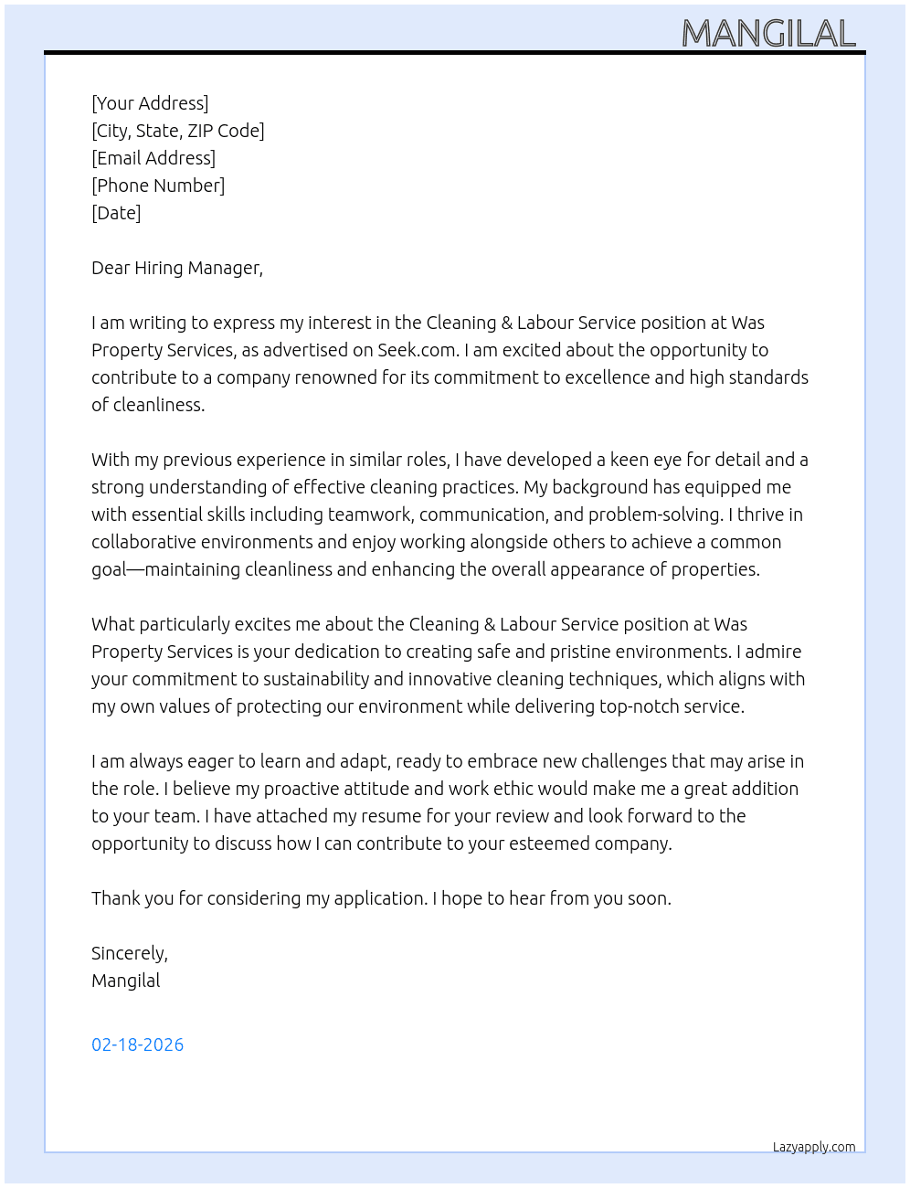 Cleaning & labour service At Was property services Cover Letter