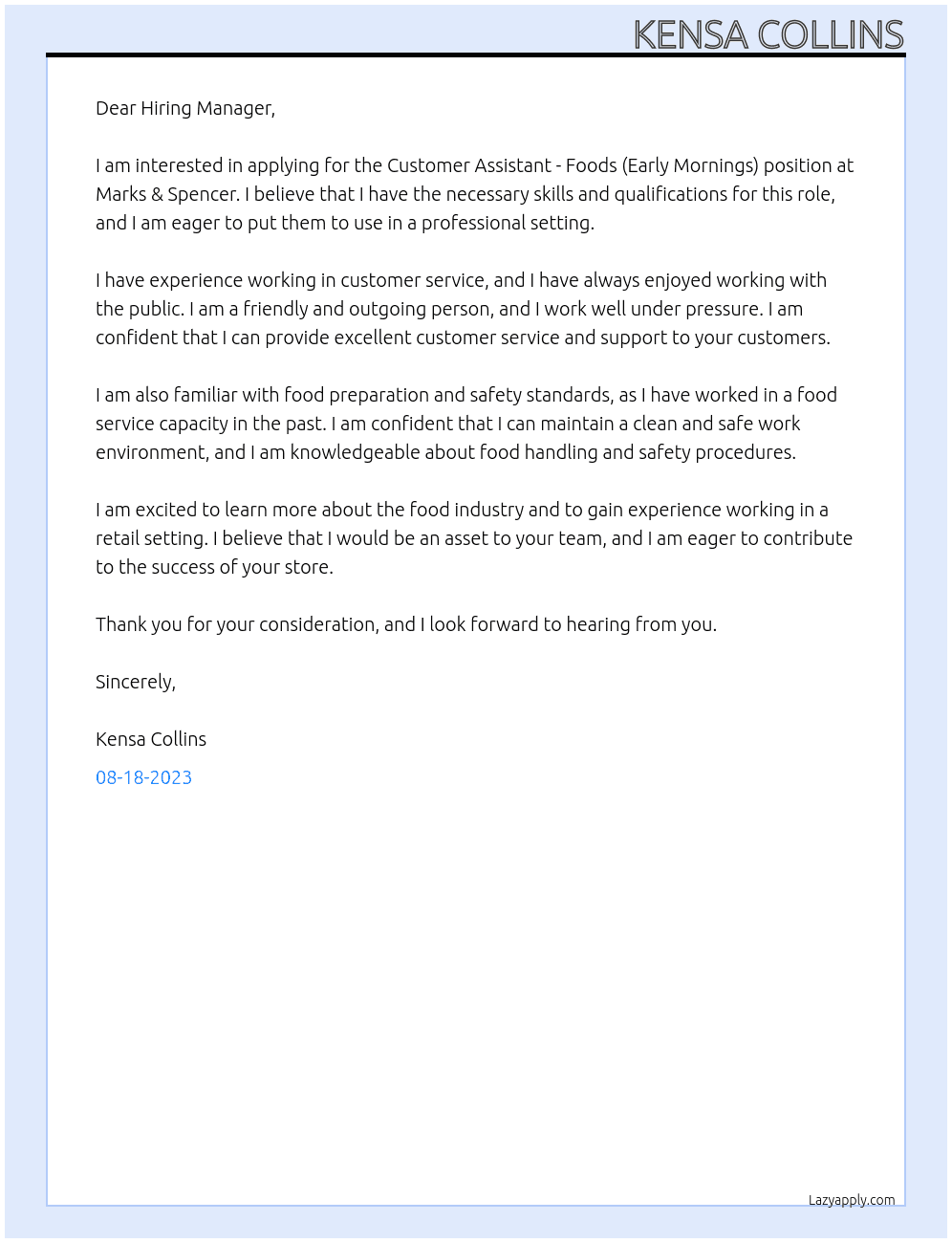 Customer Assistant - Foods (Early Mornings) At Marks & Spencer Cover Letter
