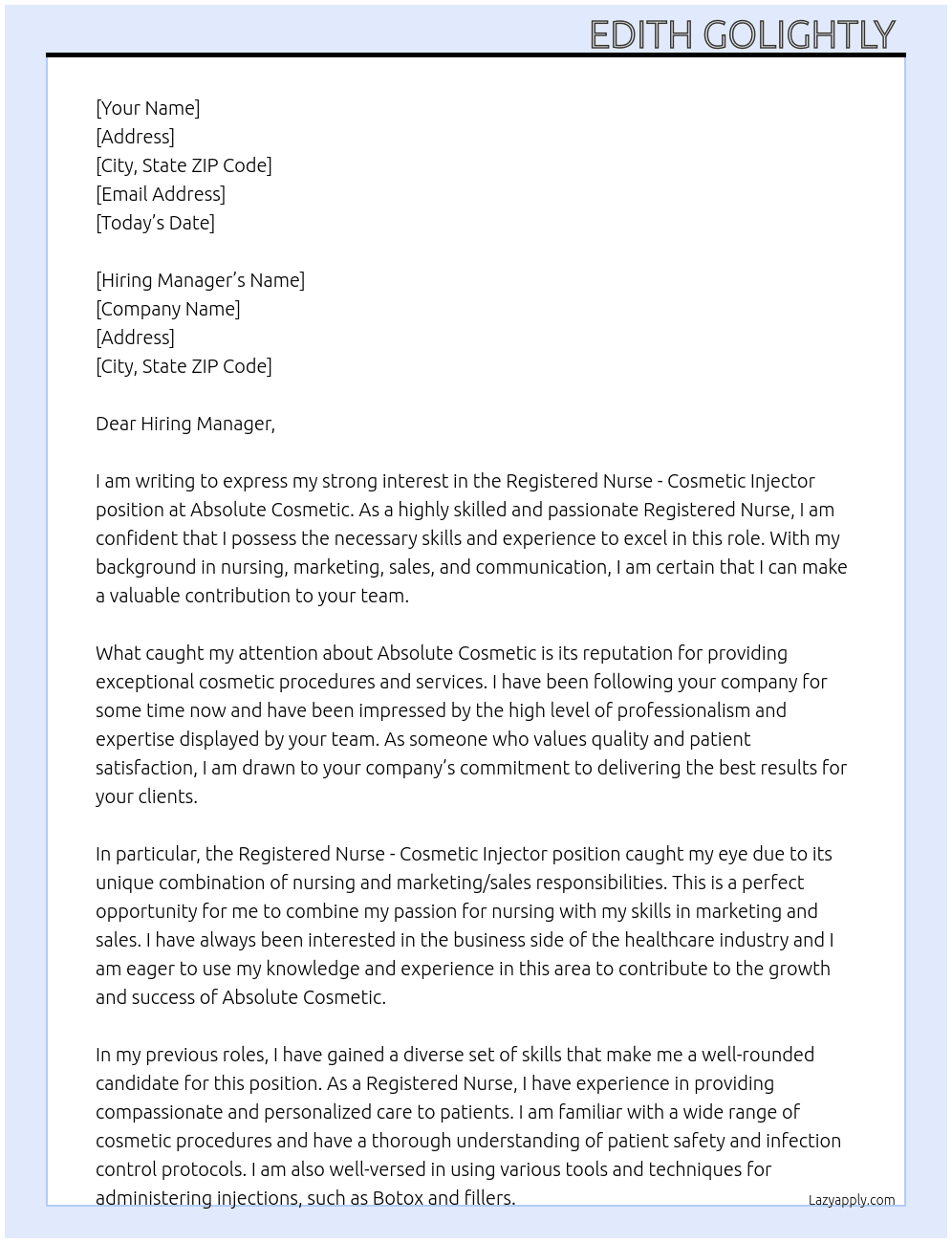 Registered Nurse - Cosmetic injector At Absolute Cosmetic Cover Letter