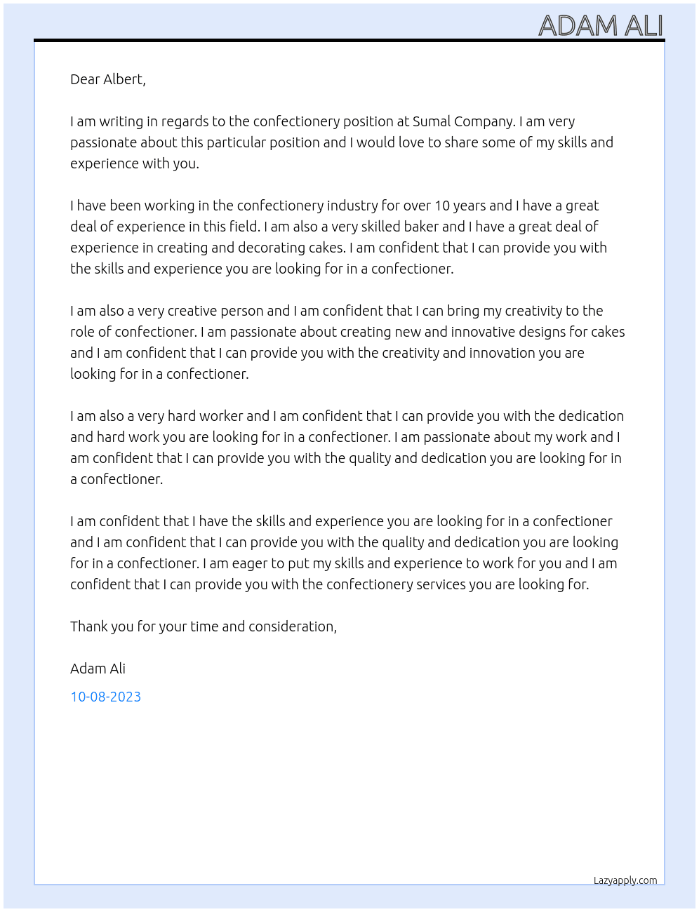 confectionery At sumal company Cover Letter