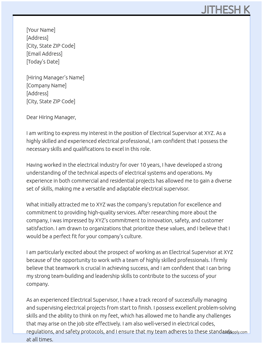 Electrical Supervisor At XYZ Cover Letter