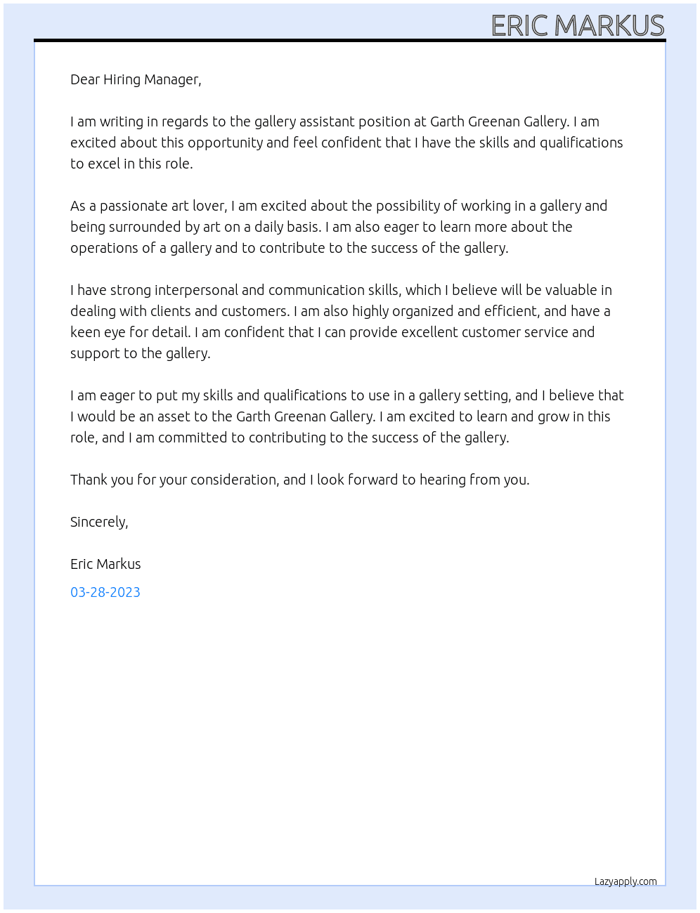 gallery assistant At Garth Greenan Gallery Cover Letter