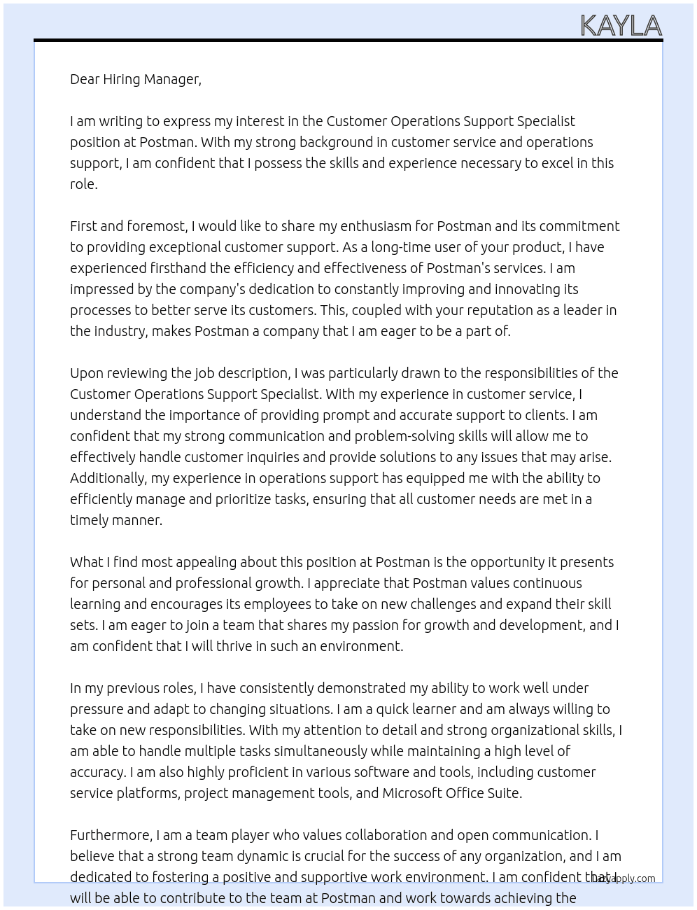 Customer Operations Support Specialist At Postman Cover Letter