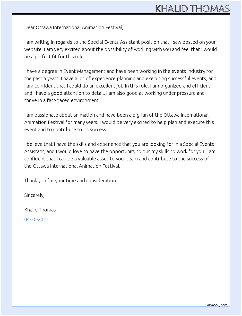 Special Events Assistant At Ottawa International Animation Festival Cover Letter