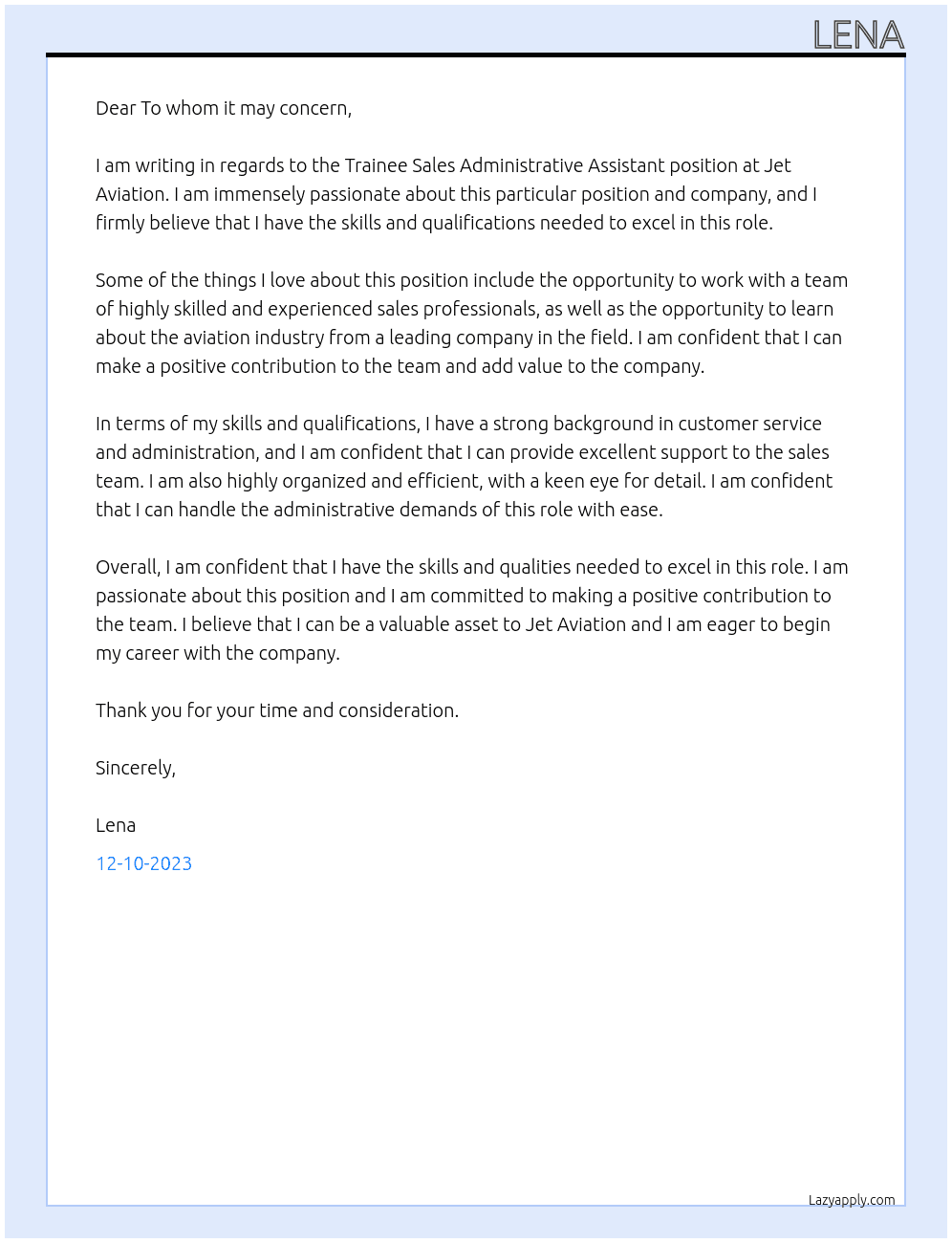 Trainee Sales Administrative Assistant At Jet Aviation Cover Letter