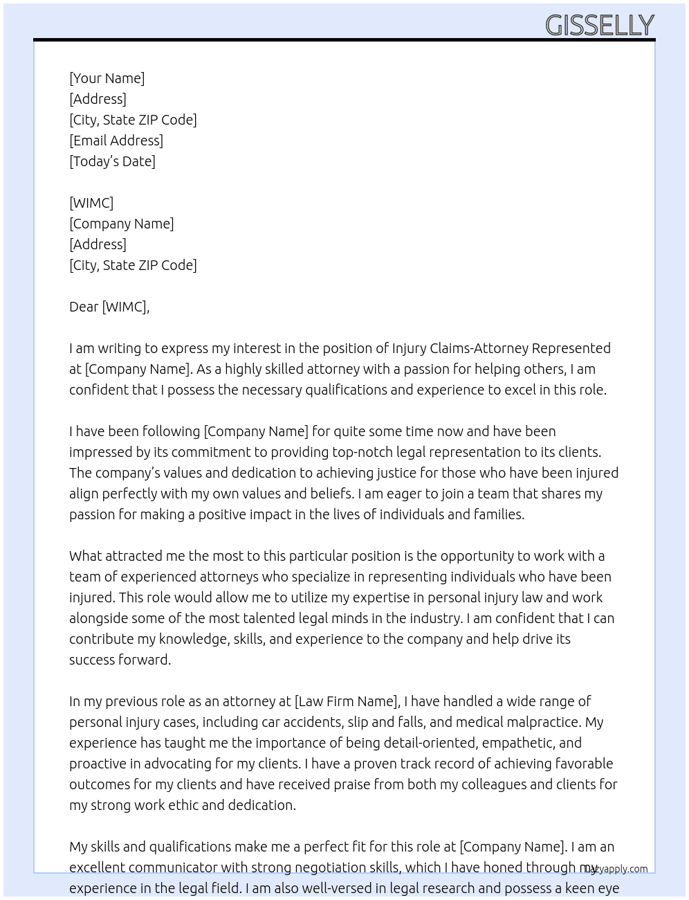 Injury Claims- Attorney Represented At Progressive Cover Letter