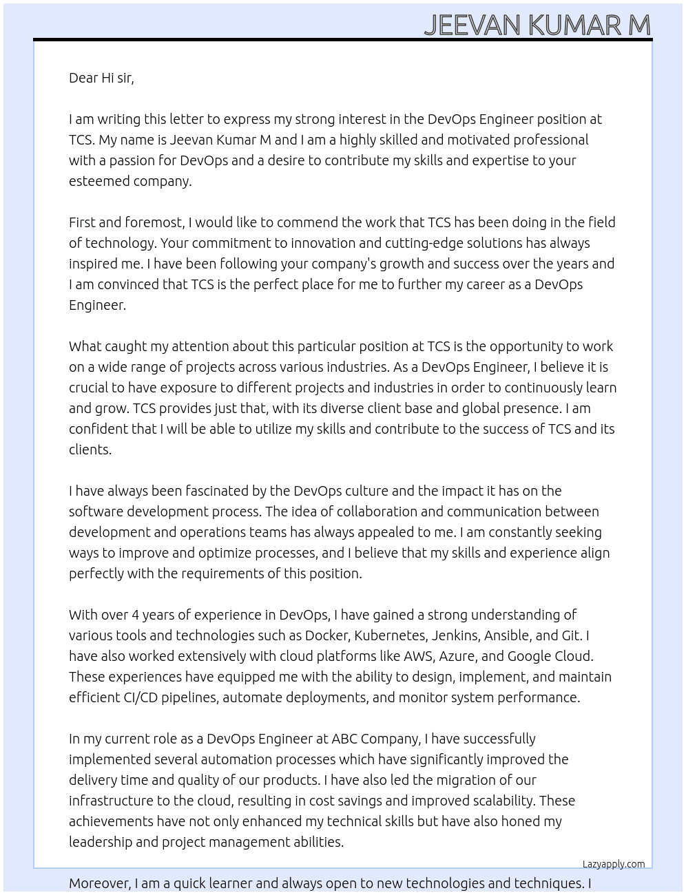 DevOps Engineer At TCS Cover Letter