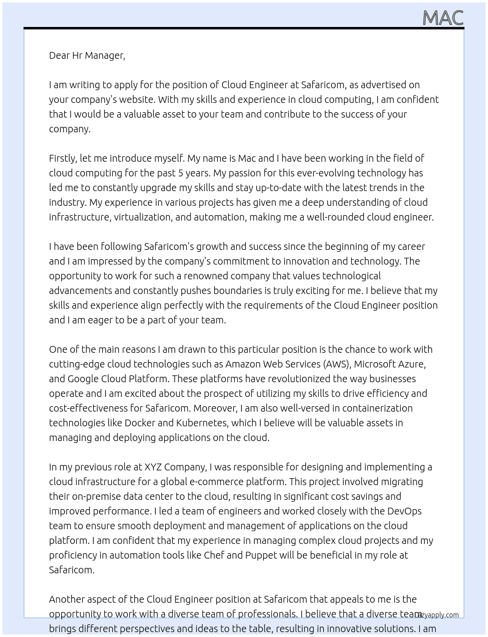 cloud engineer At safaricom Cover Letter
