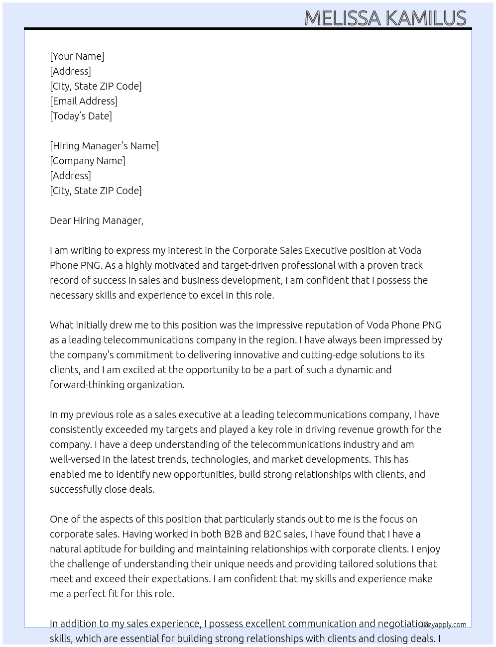 Corporate Sales Executives  At Voda Phone PNG Cover Letter
