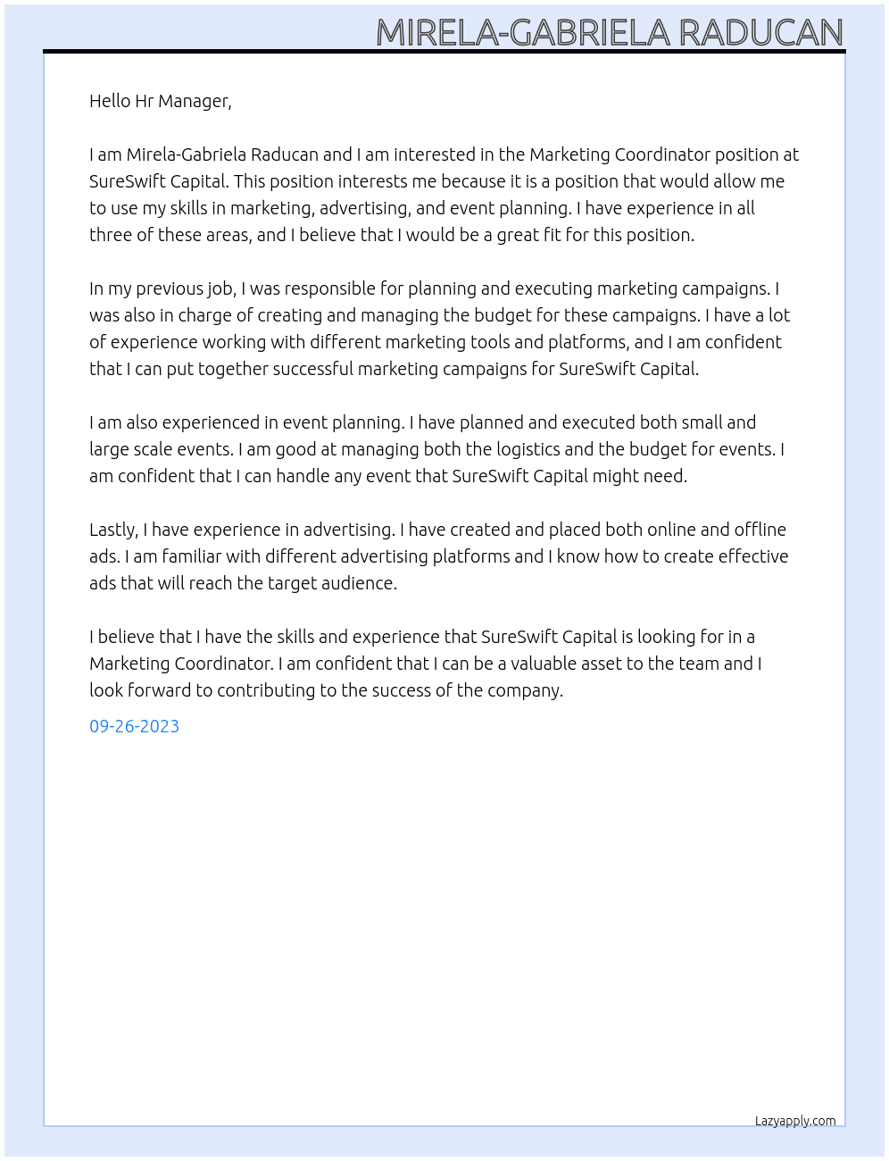 Marketing Coordinator At SureSwift Capital Cover Letter