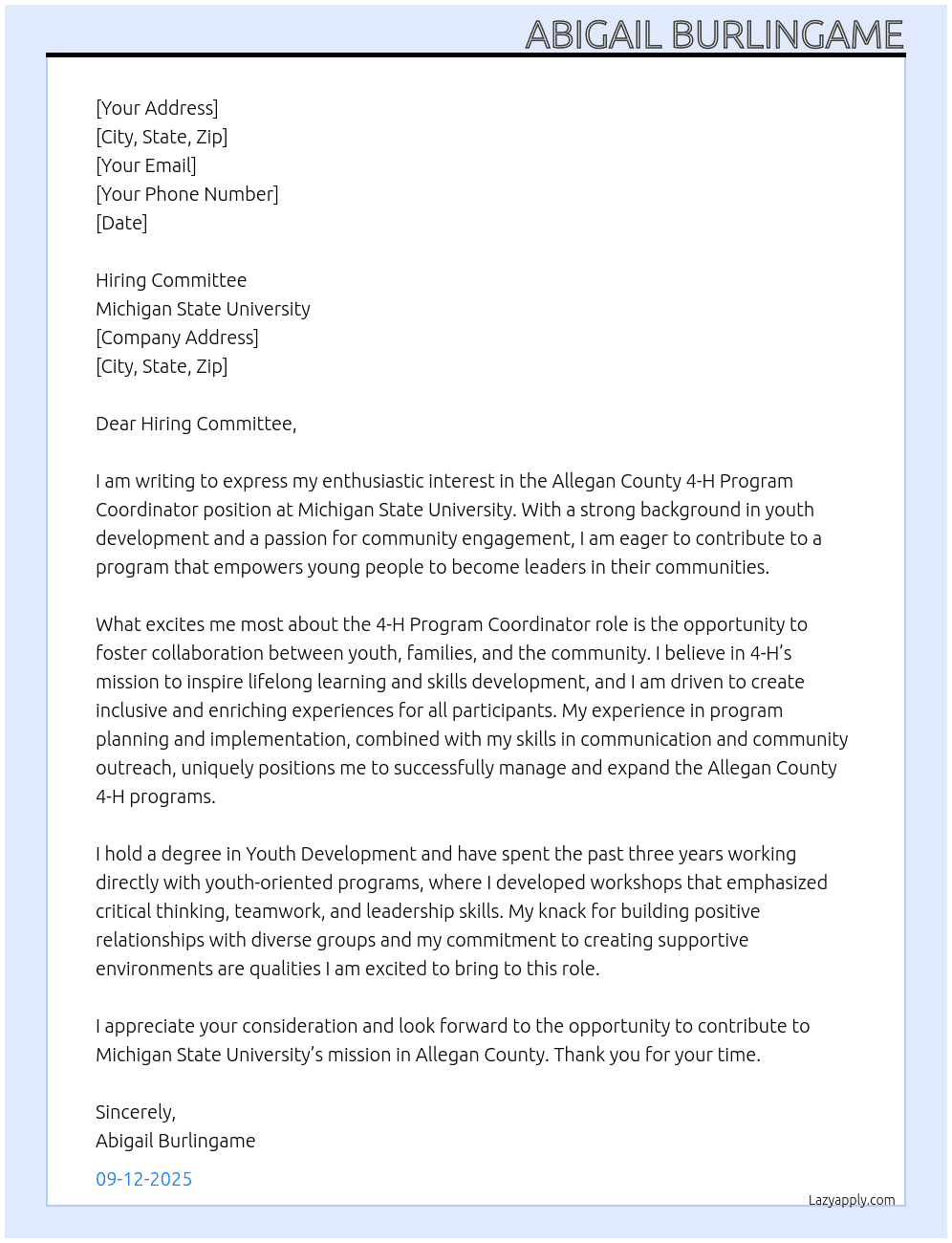 Cover letter for allegan county 4-h program coordinator - LazyApply