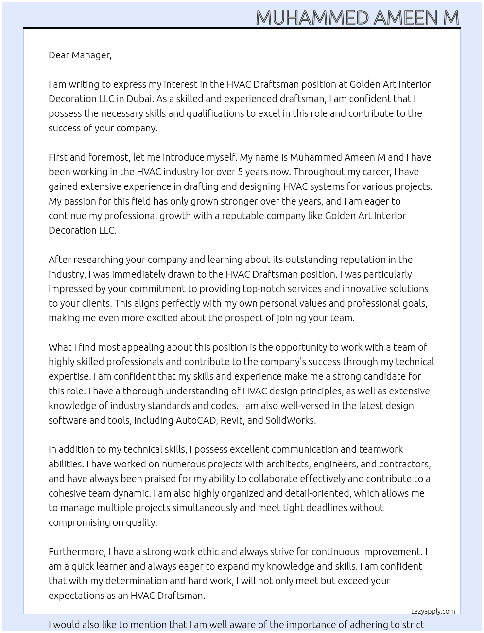 HVAC Draftsman At Golden Art Interior Decoration LLC - Dubai Cover Letter