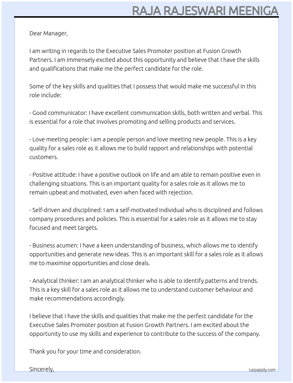 Executive sales promoter  At Fusion growth partners  Cover Letter