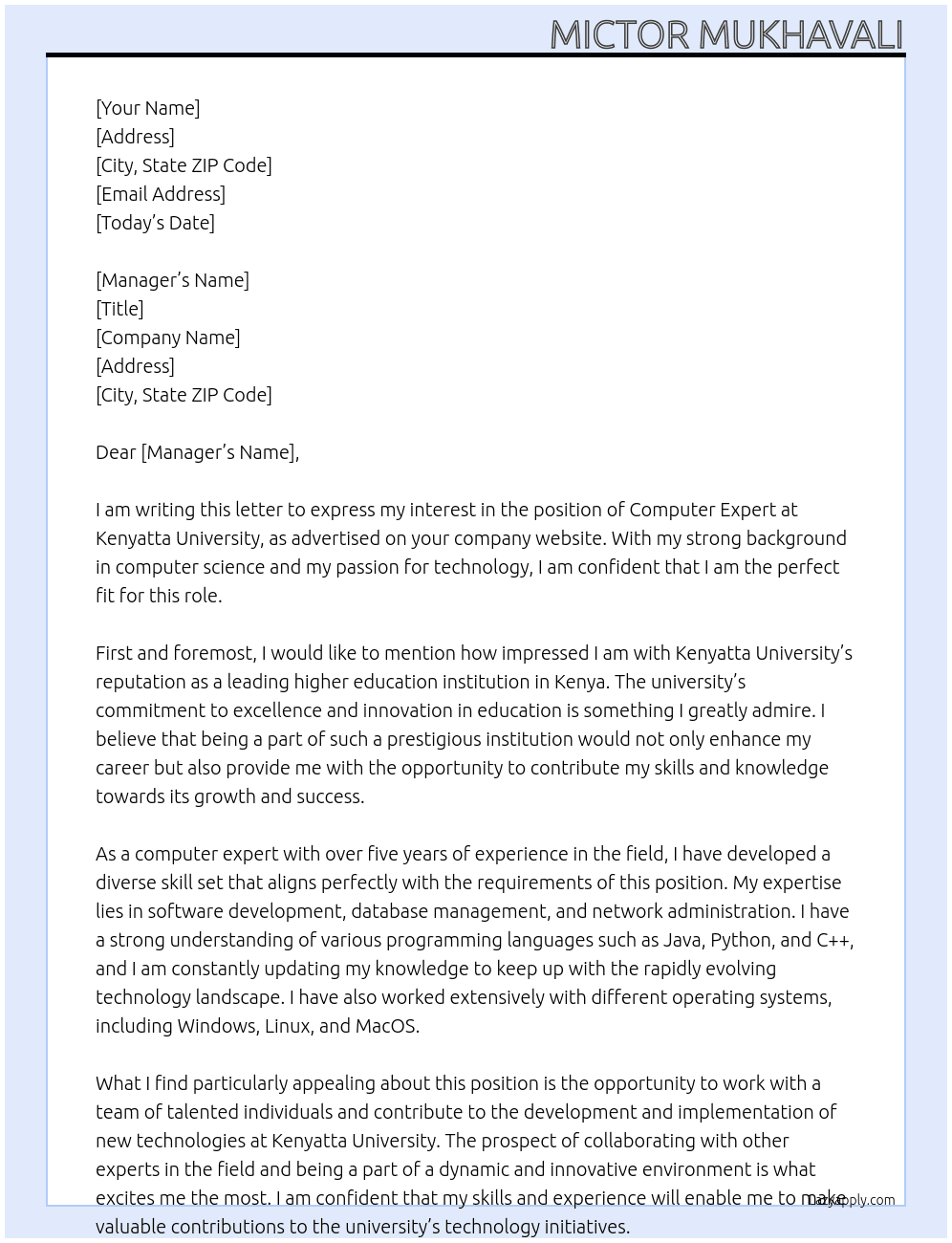 COMPUTER EXPERT At KENYATTA UNIVERSITY  Cover Letter