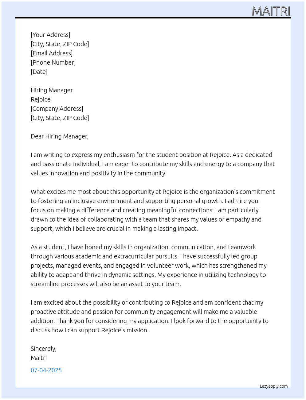 student At rejoice Cover Letter