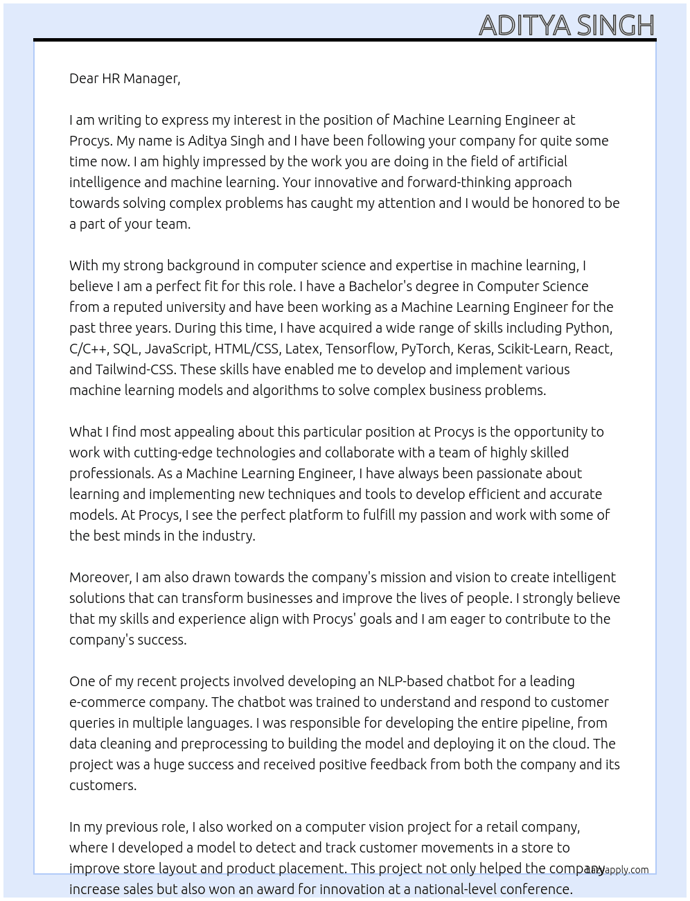 Machine Learning Engineer At Procys Cover Letter