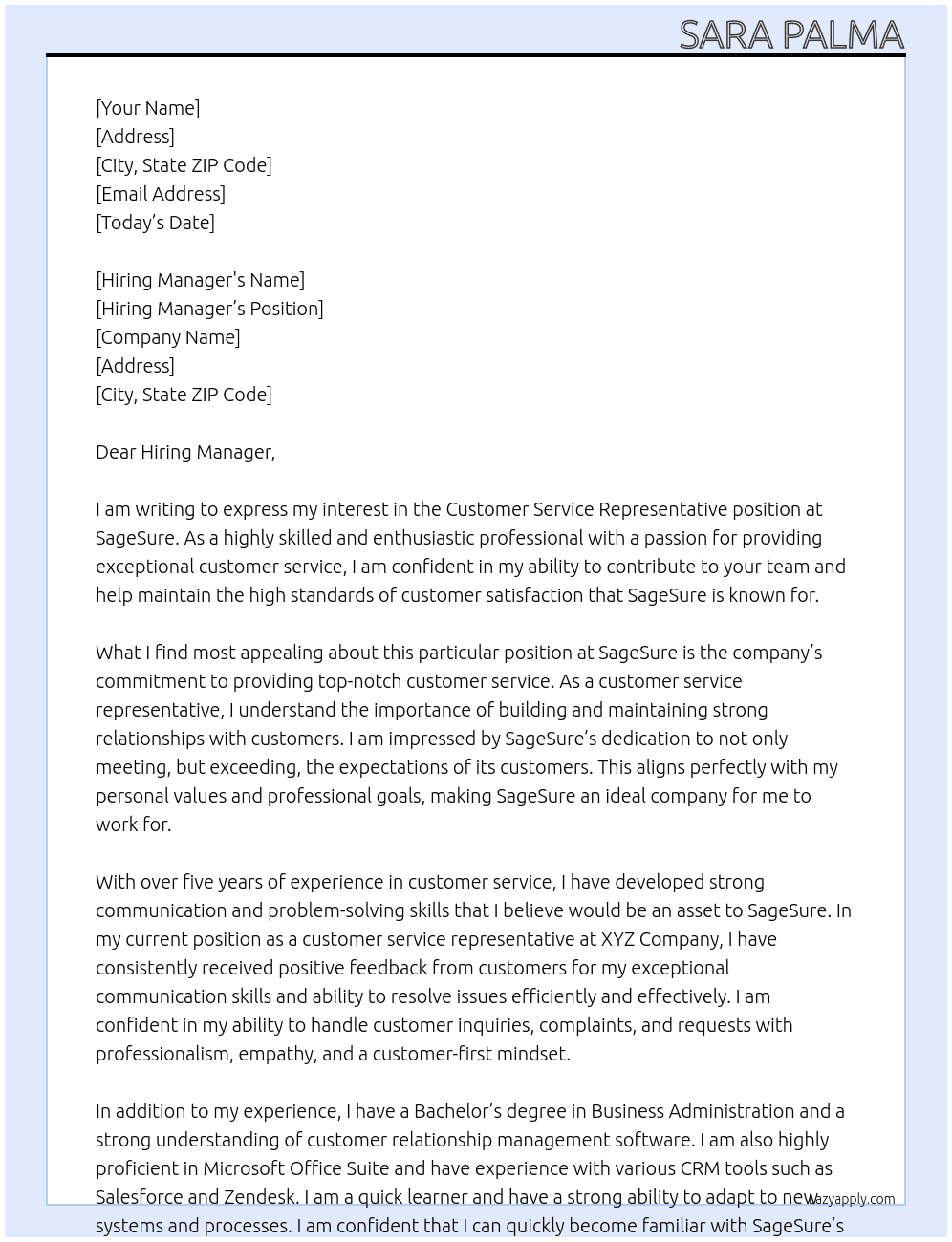 Customer Service Representative At SageSure Cover Letter