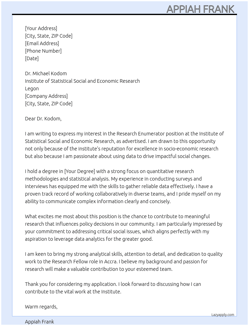 Cover letter for research enumerator - LazyApply