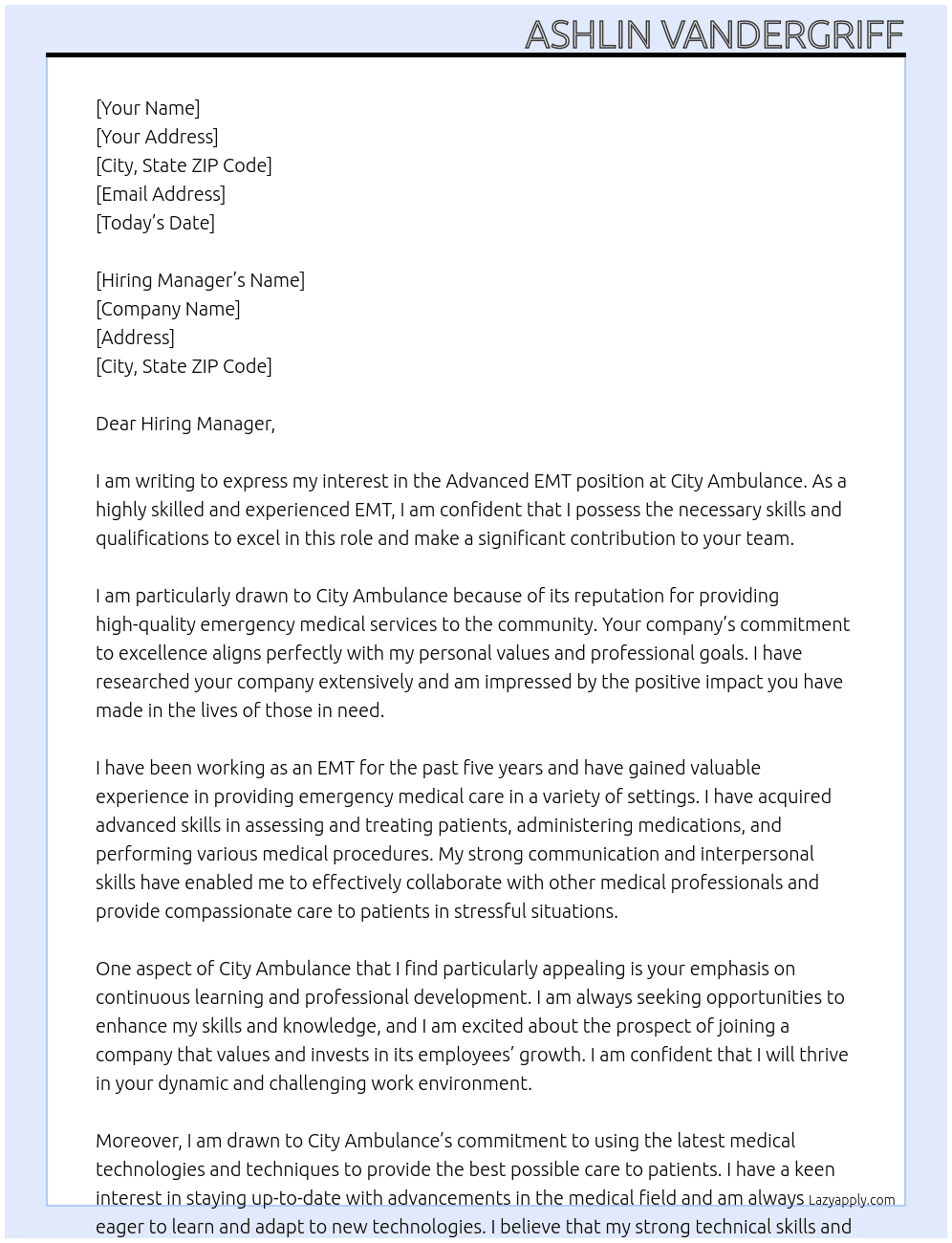 Advanced EMT At City Ambulance Cover Letter