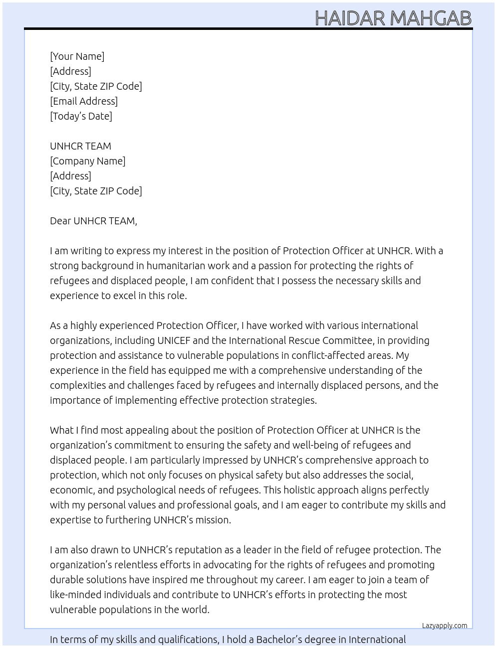 Protection Officer At UNHCR Cover Letter