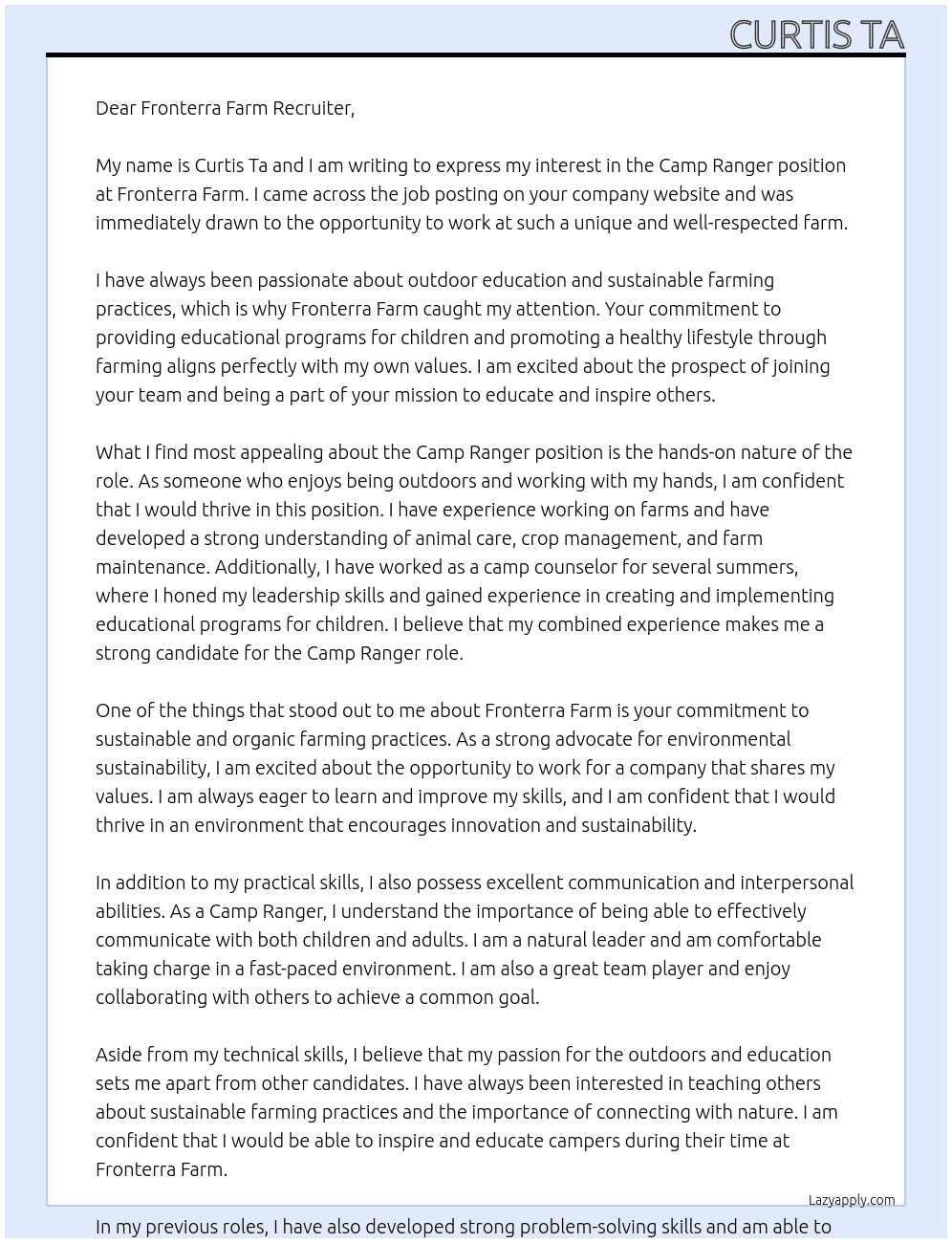 Camp Ranger At Fronterra Farm Cover Letter