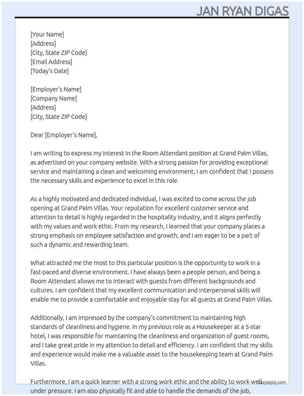 room attendant At grand palm villas Cover Letter