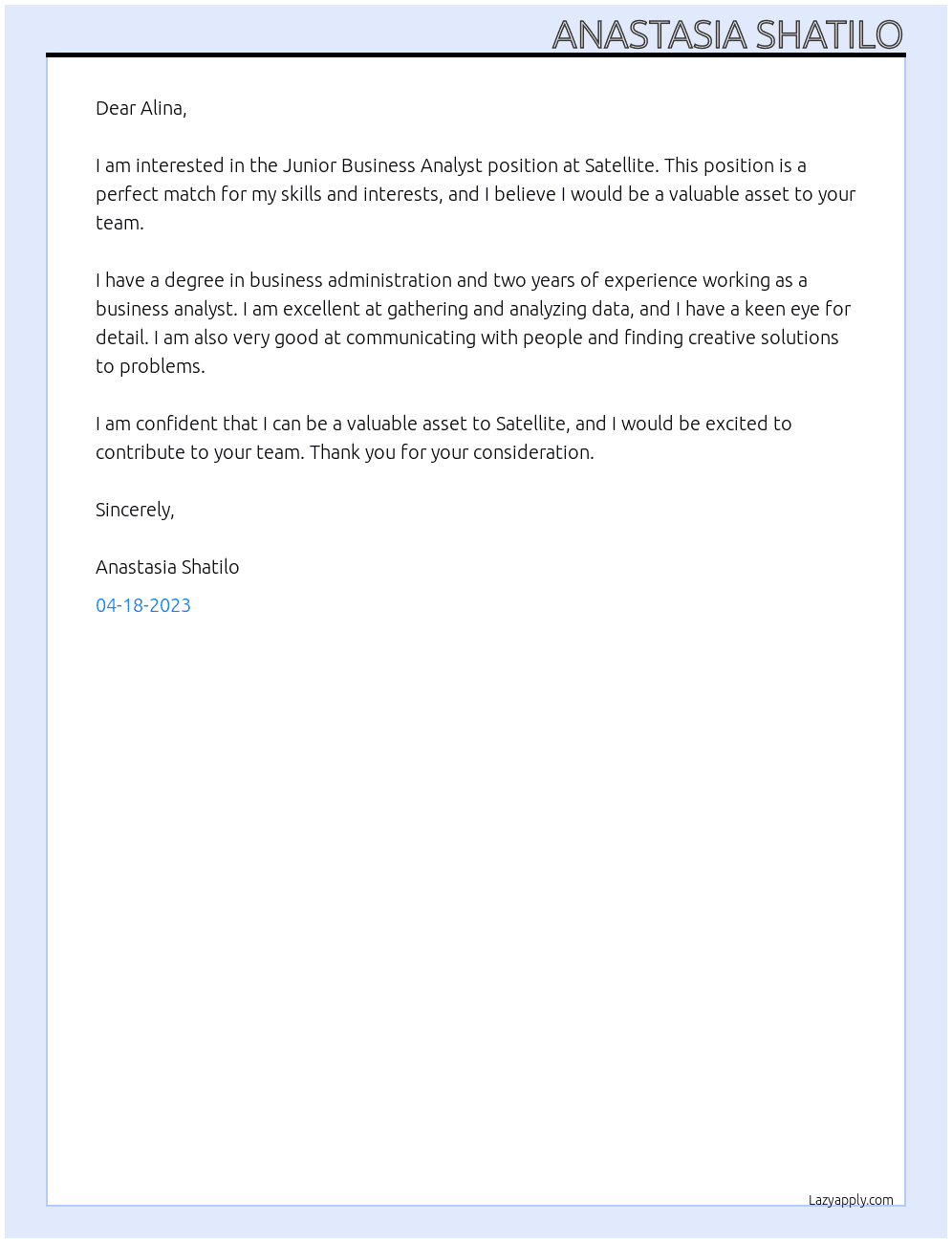 Junior Business Analyst At Satellite Cover Letter