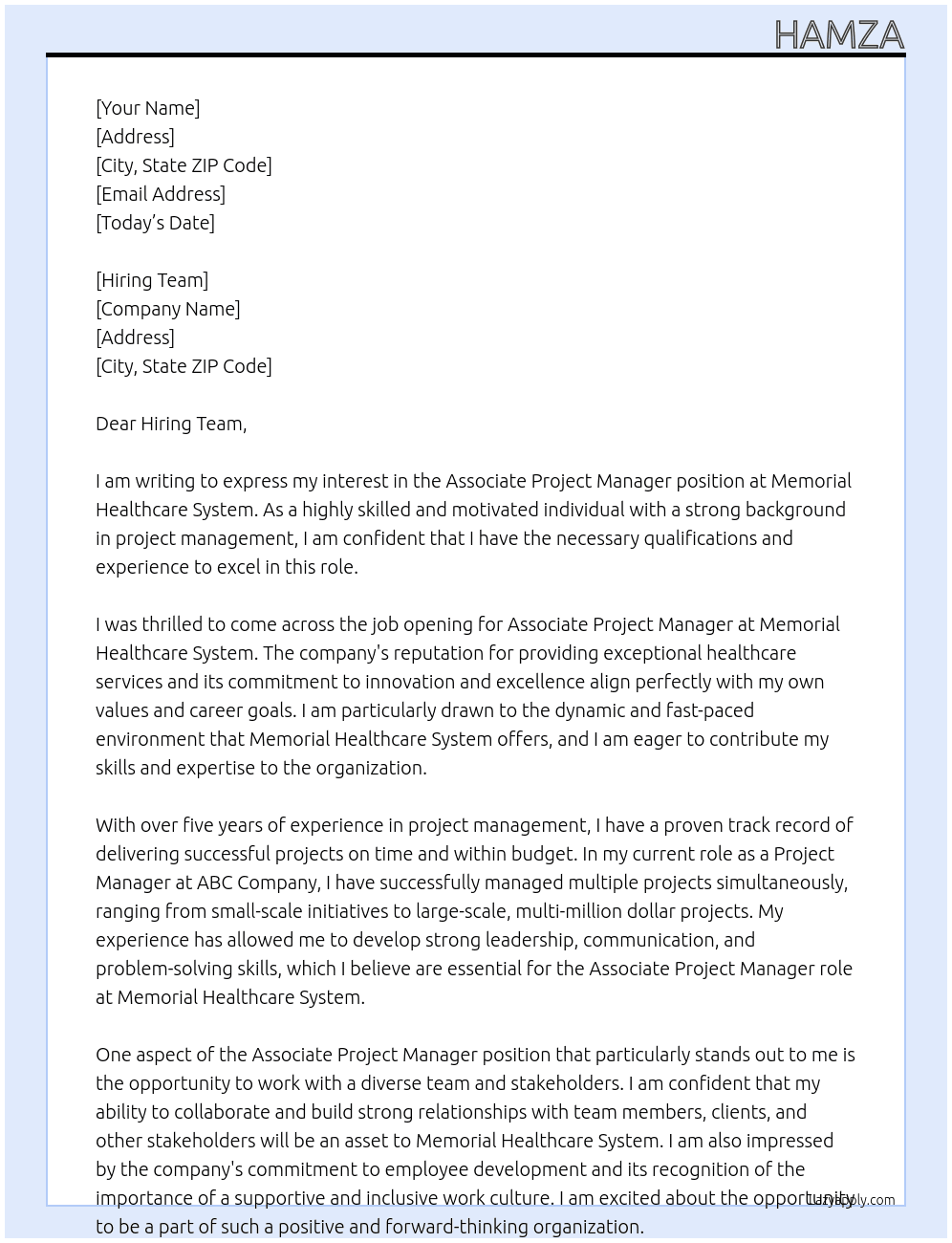 Associate Project Manager At Memorial Healthcare System Cover Letter