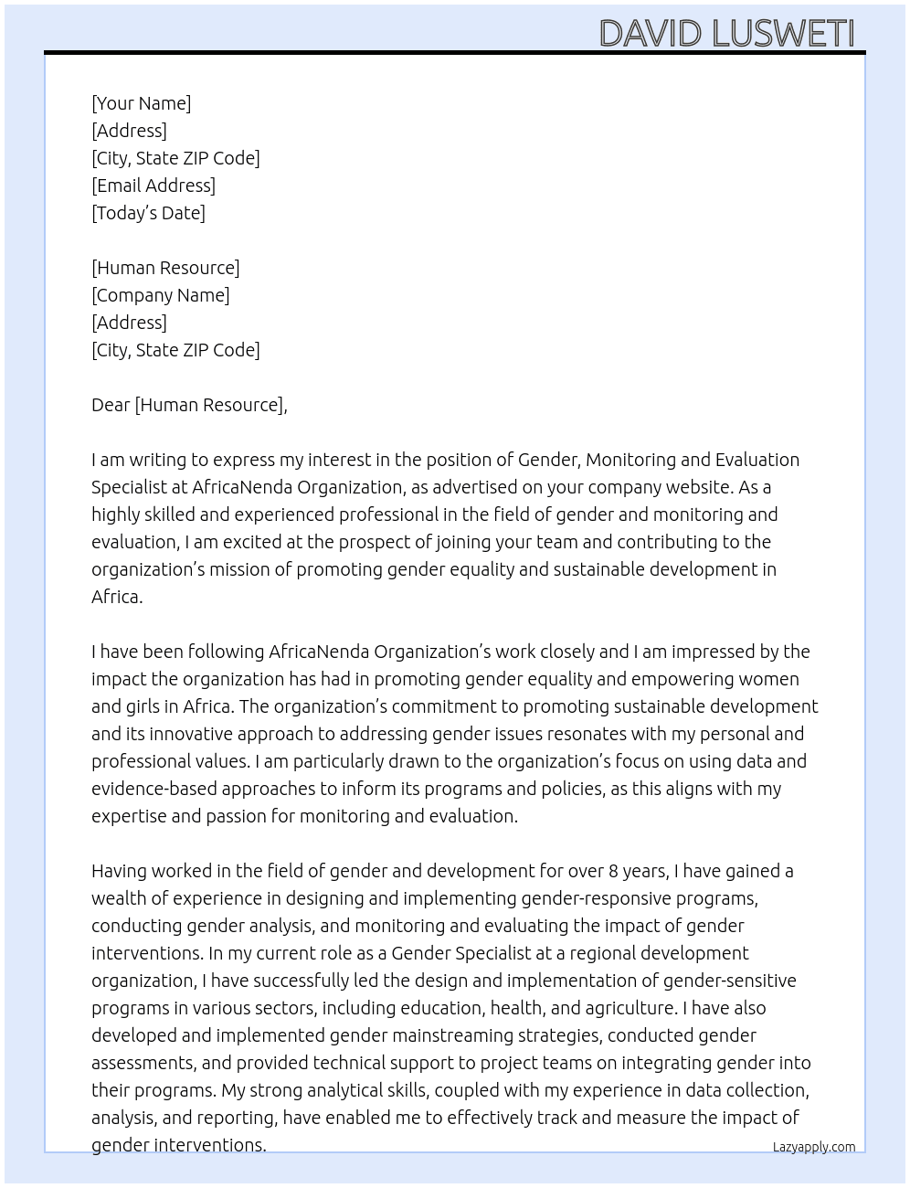 Gender, Monitoring and Evaluation Specialist At AfricaNenda Organization  Cover Letter