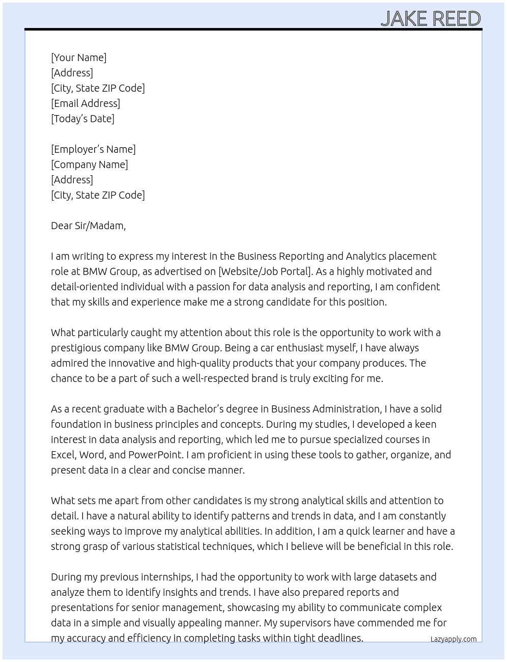 Business reporting and analytics At BMW Group Cover Letter