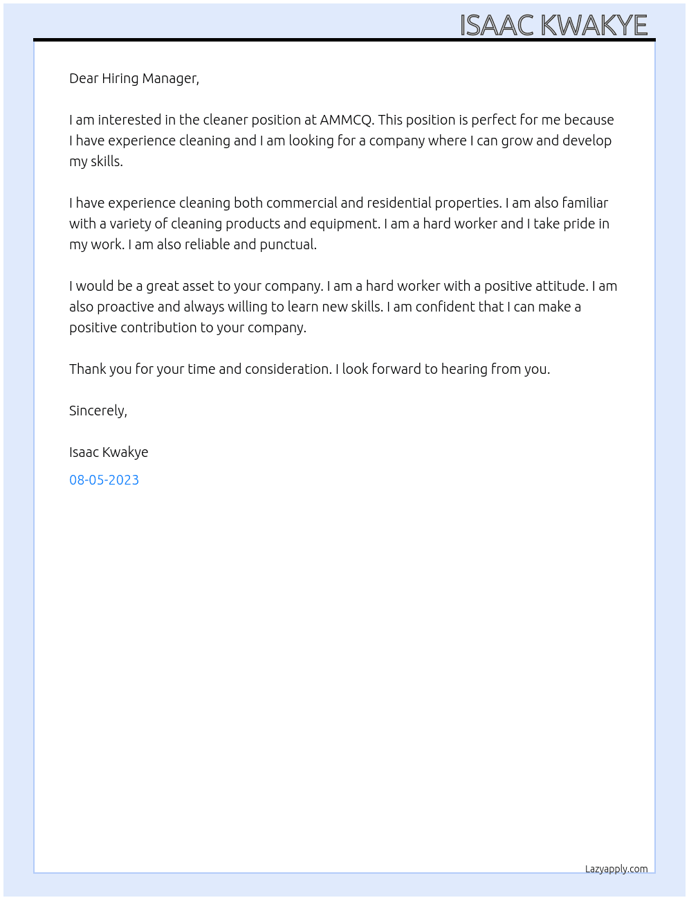 cleaner At AMMCQ Cover Letter