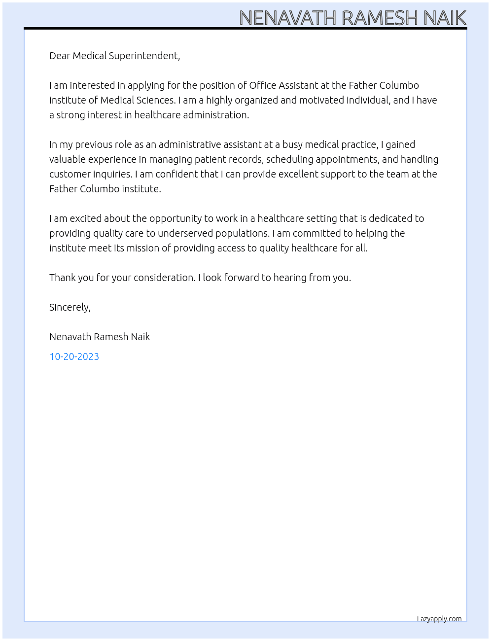 Office Assistant  At Father Columbo institute of Medical Sciences Cover Letter