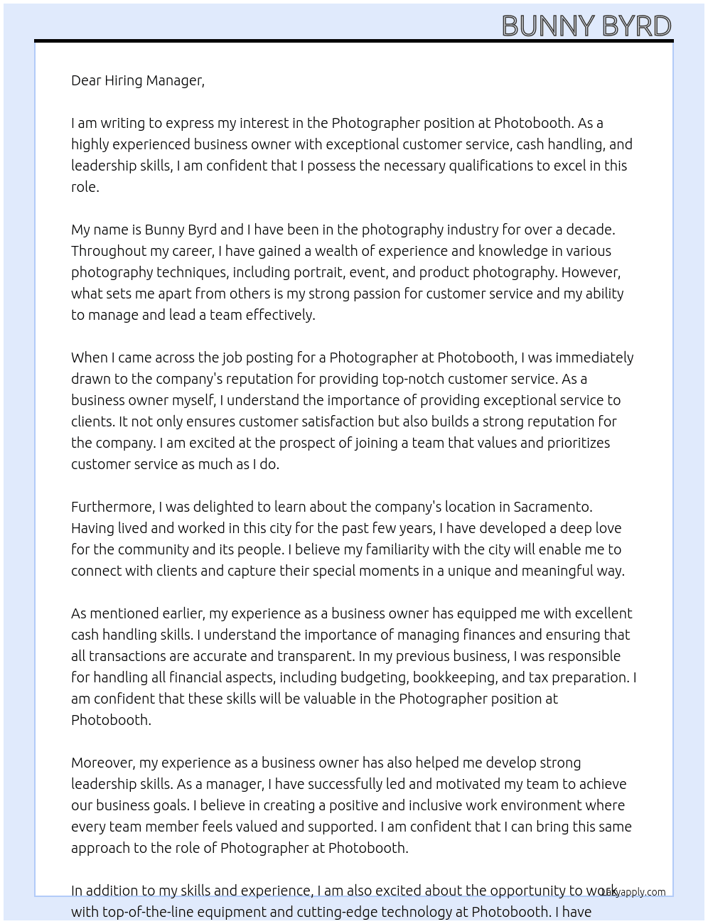 Photographer At Photobooth Cover Letter