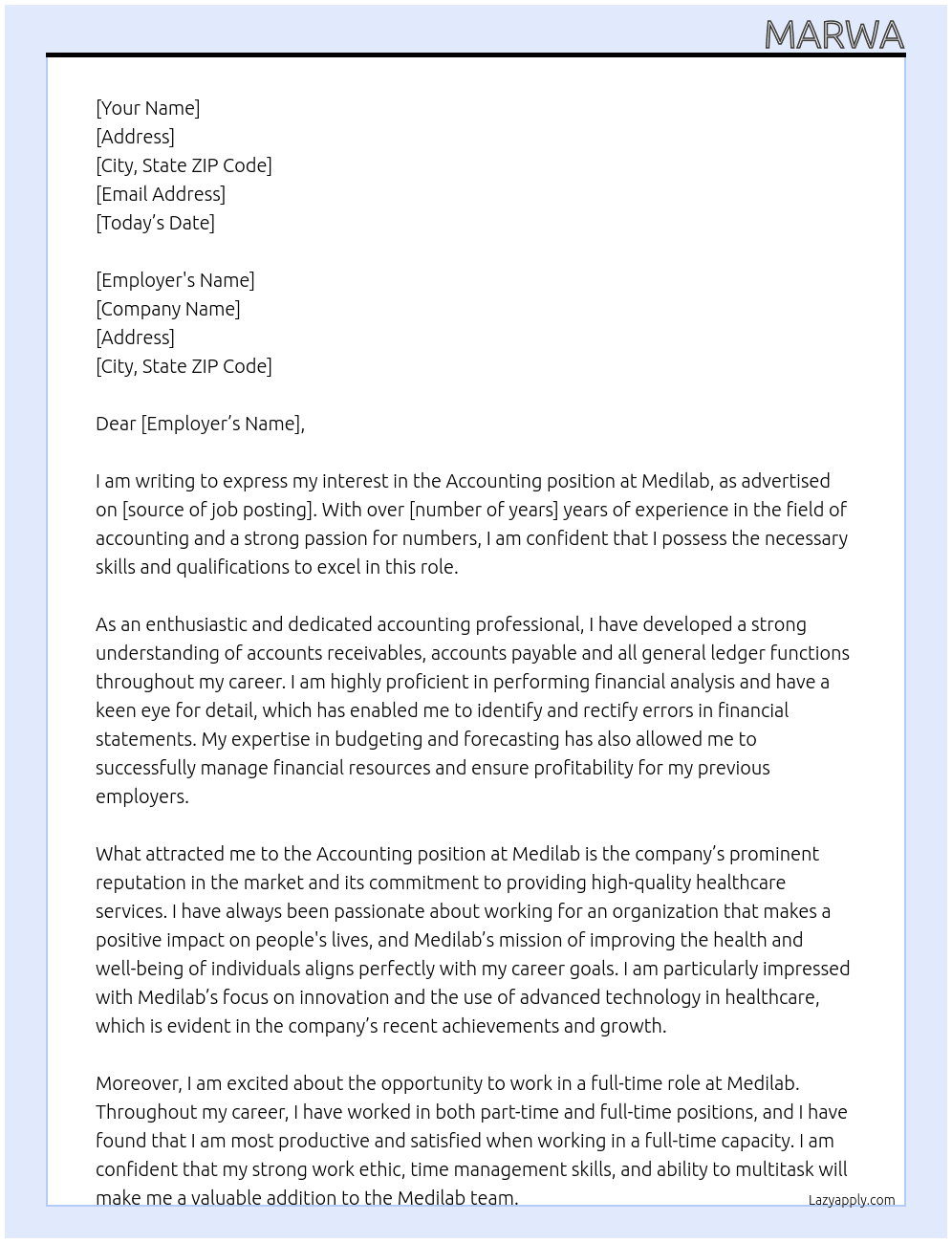 Accounting At Medilab Cover Letter