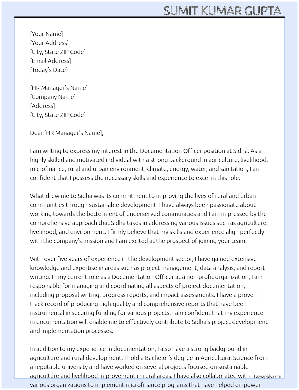 Documentation office  At Sidha  Cover Letter