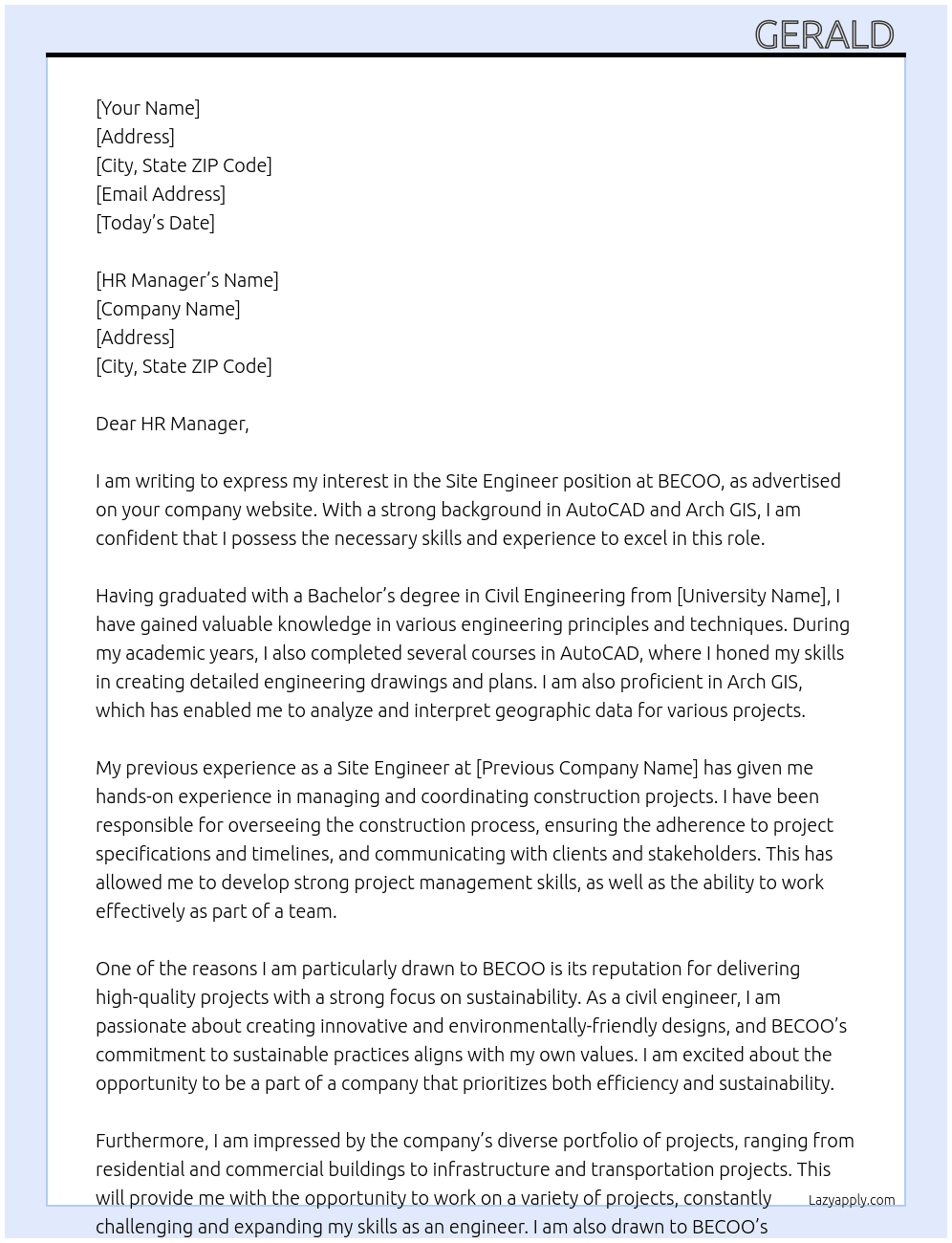 Site engineer  At BECOO Cover Letter