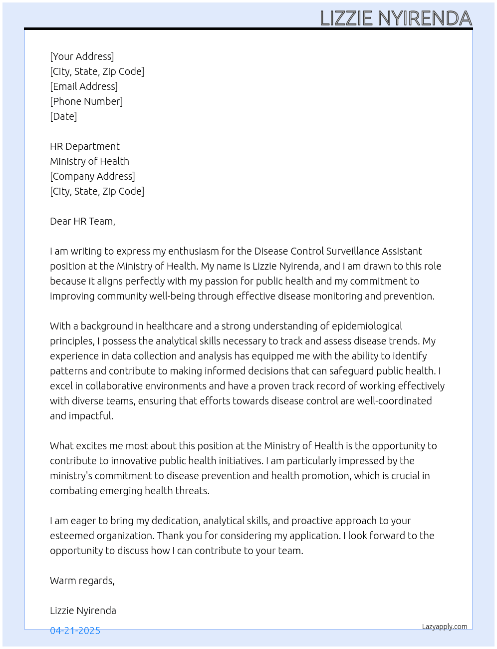 Cover letter for disease control surveillance assistants - LazyApply