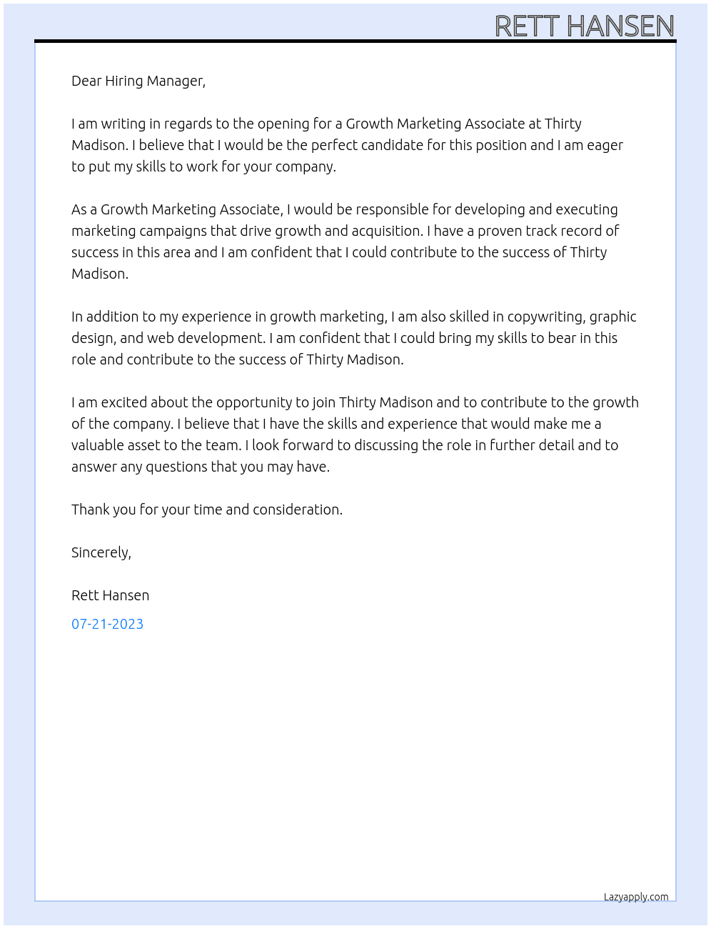 Growth Marketing Associate At Thirty Madison Cover Letter