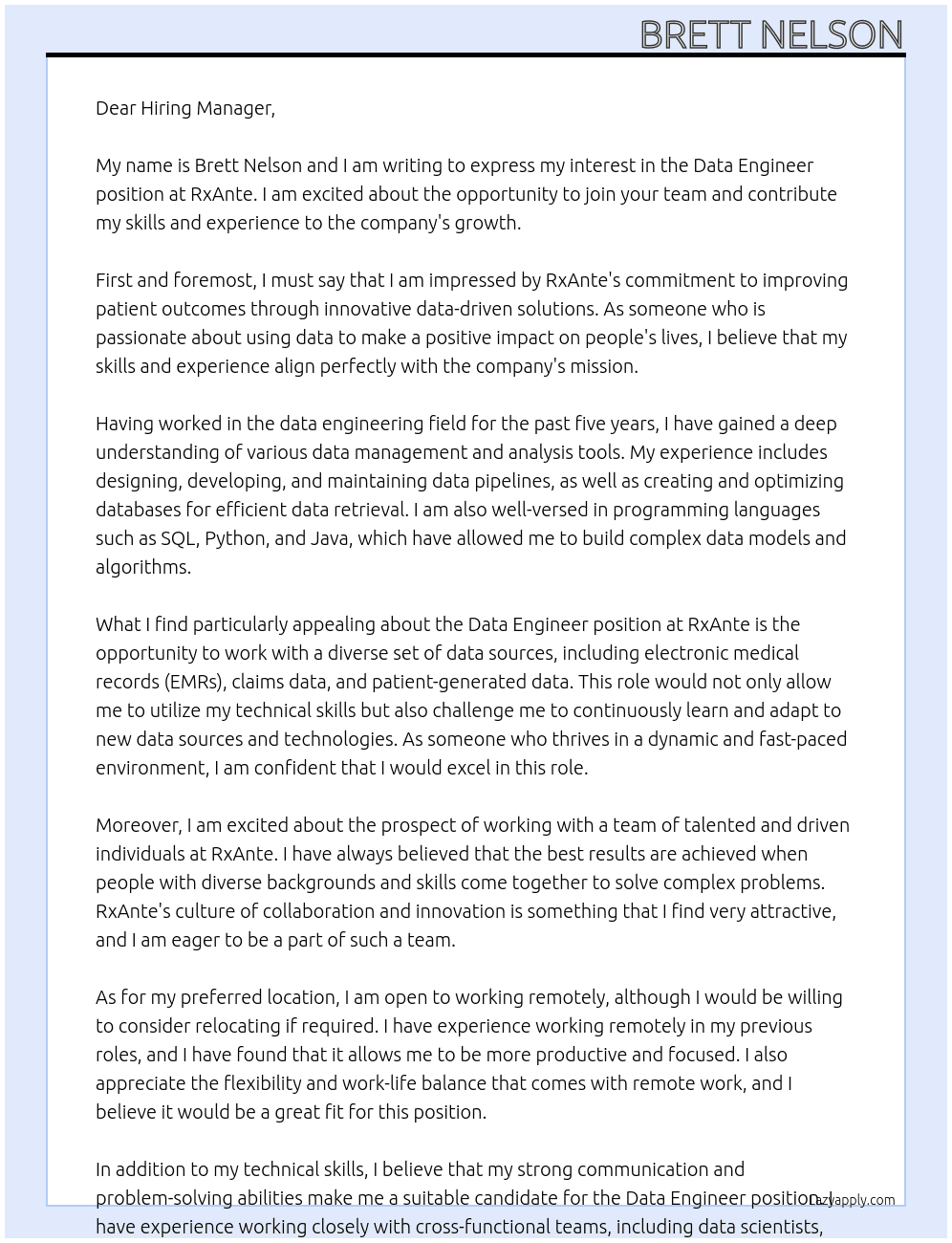 Data Engineer At RxAnte Cover Letter