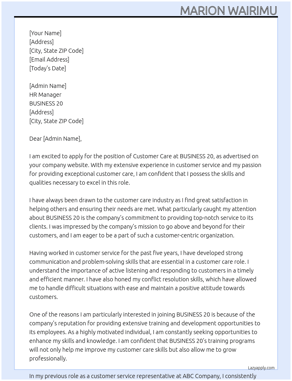 customer care At BUSINESS 20 Cover Letter